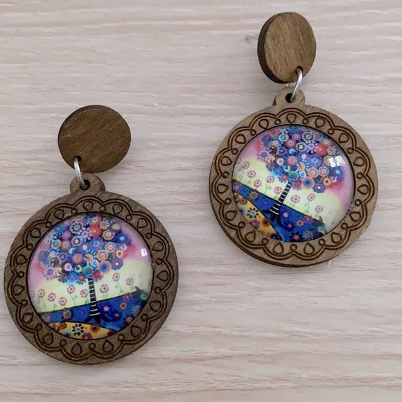 Tree of life wooden multicolored earrings NWT - Picture 3 of 5